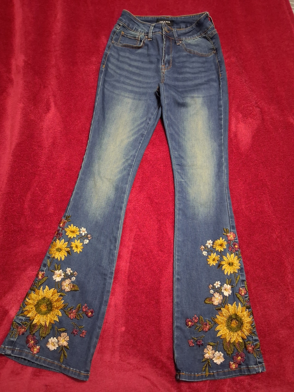 Embroidered Sunflower Flare Jeans - Blue